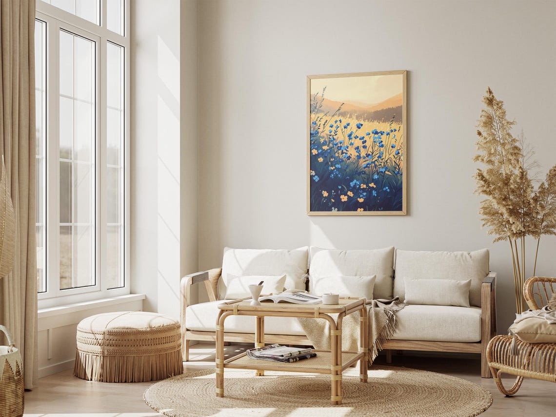 Blue Forget Me Not Golden Meadow Sunlit Flower Field Scenic Poster - Image 4