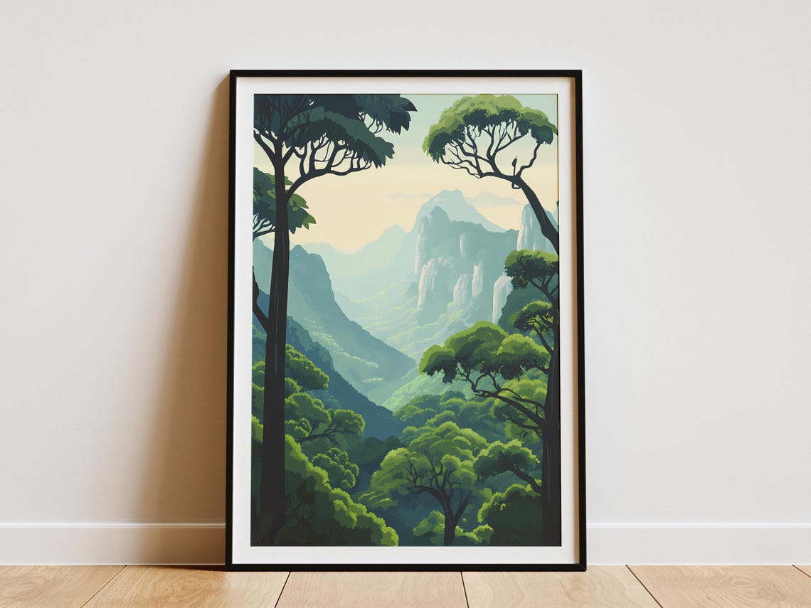 Misty Green Forest Mountains With Tall Trees Minimalist Poster