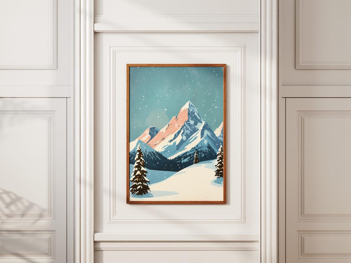 Snowy Mountain Peak With Pink Alpenglow Teal Starry Sky Poster - Image 2