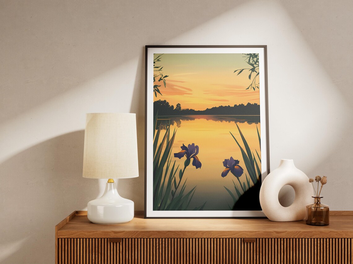 Purple Irises Golden Sunset Lake Minimalist Calm Flower Poster - Image 5