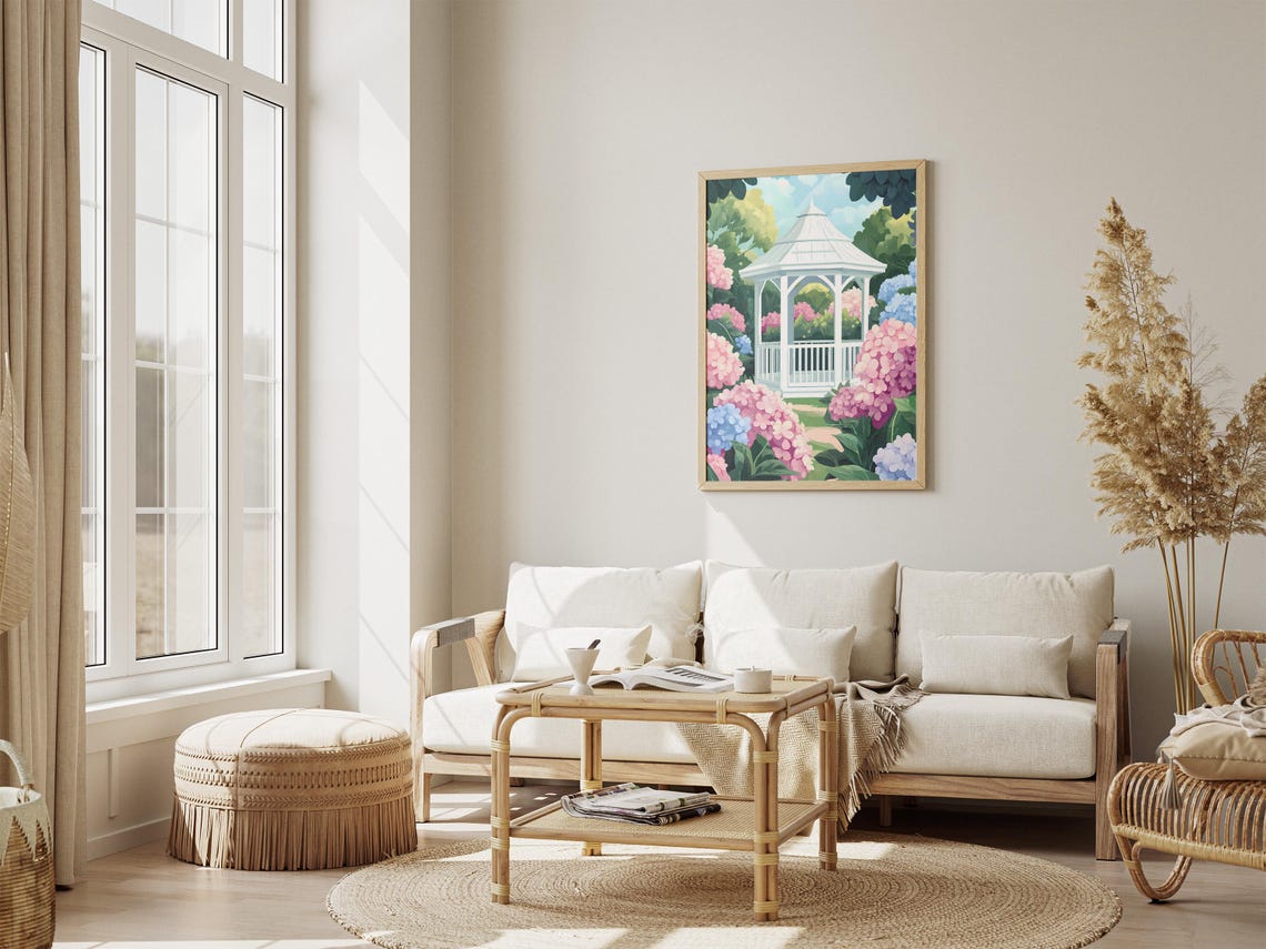 White Garden Gazebo Surrounded By Pink Blue Hydrangeas Poster - Image 4