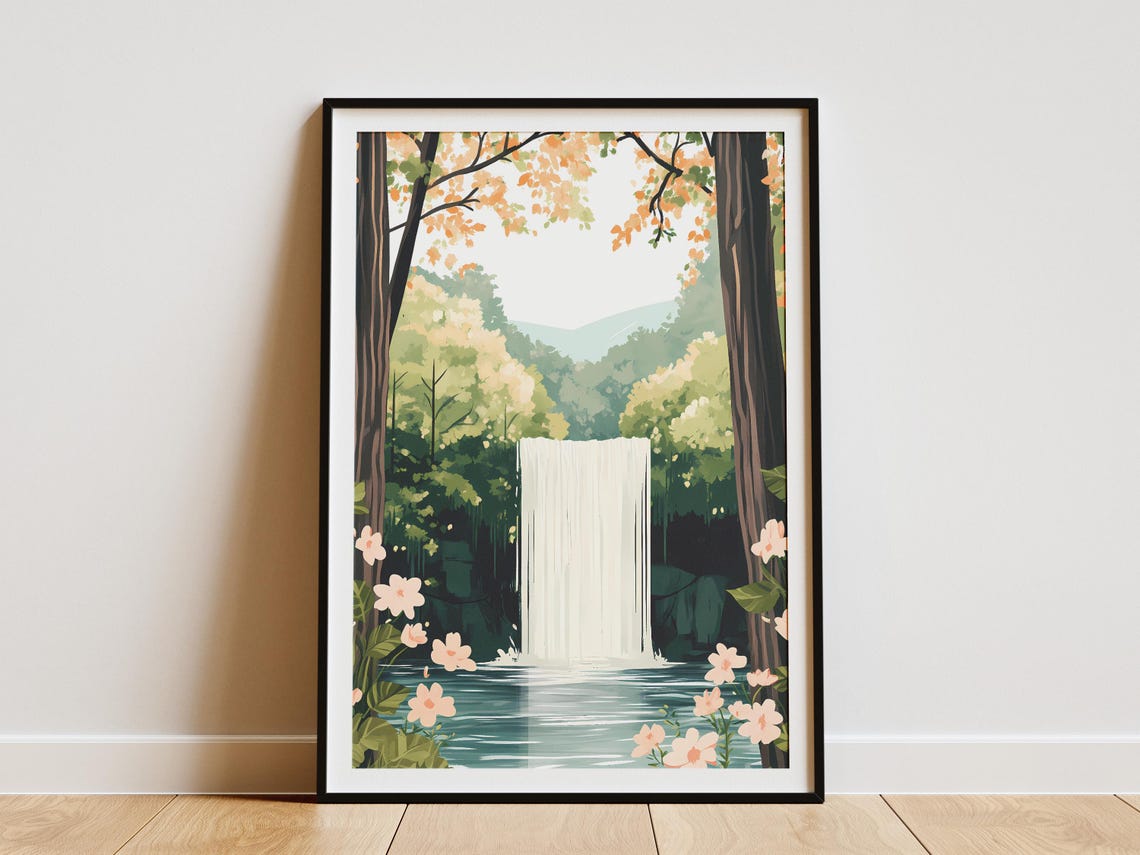 Forest Waterfall Clearing Pink Cosmos Flowers Autumn Leaves Art Poster