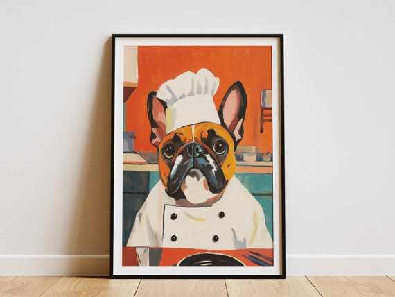 Bulldog Chef Art Print Kitchen Decor Funny Dog Poster Illustration Culinary Lover Gift Wall