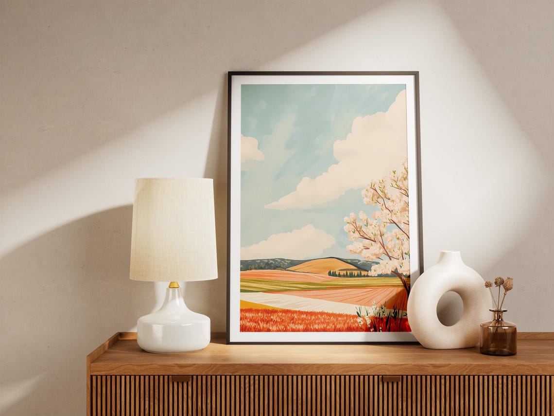 Blooming White Tree Beside Terraced Orange Fields Sky Poster - Image 5