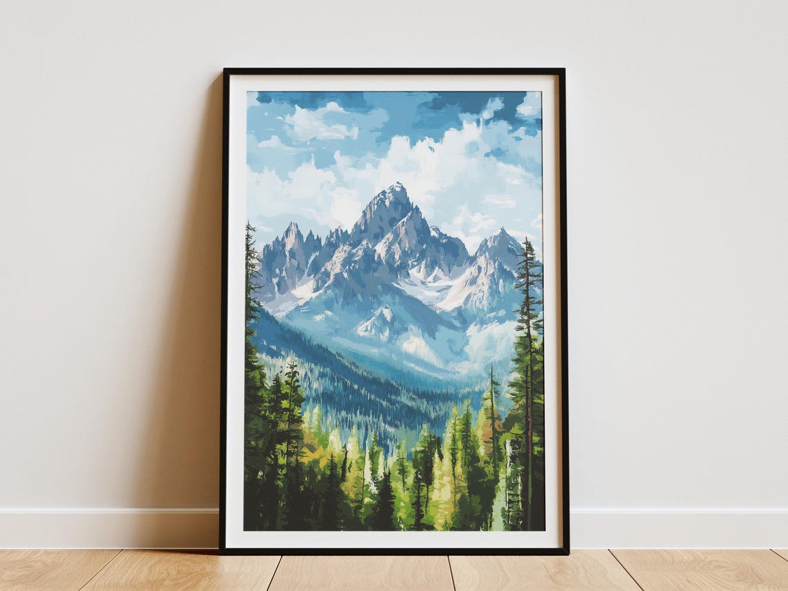 Snowy Mountain Peaks Poster Alpine Landscape Art For Rustic Home Decor