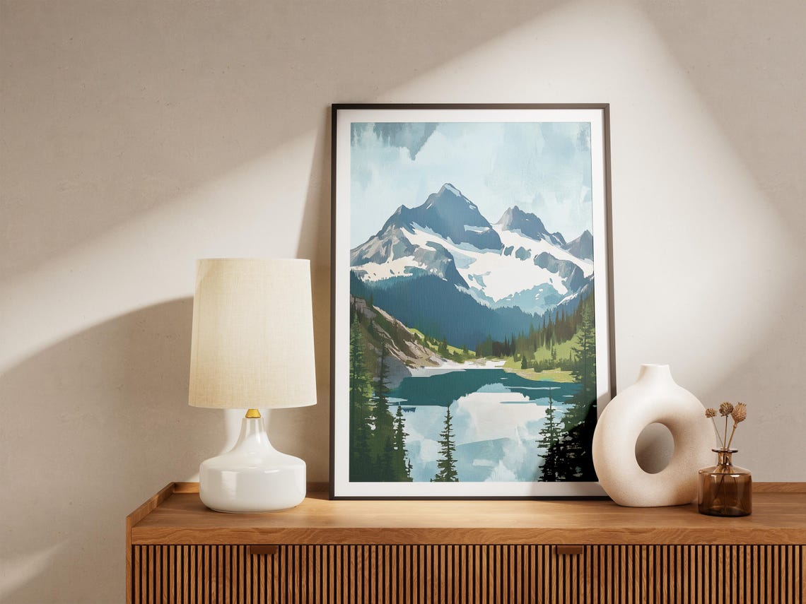 Snowy Mountain Lake Reflection Alpine Watercolor Landscape Poster - Image 4
