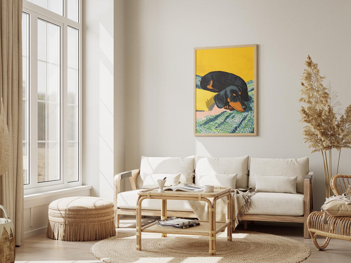 Dachshund Sleeping on Yellow Pillow Matisse Style Gouache Poster - Image 3