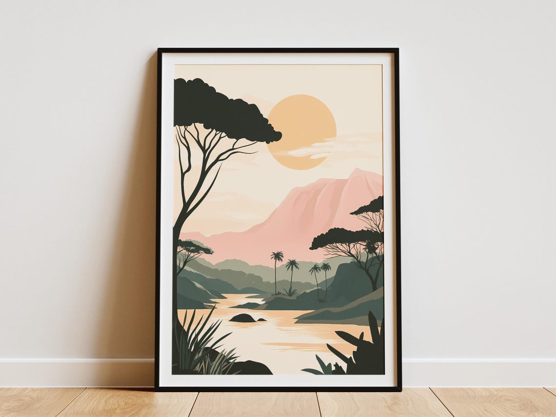 Sunset River Poster Acacia Trees Mountain Wall Decor Travel Gift