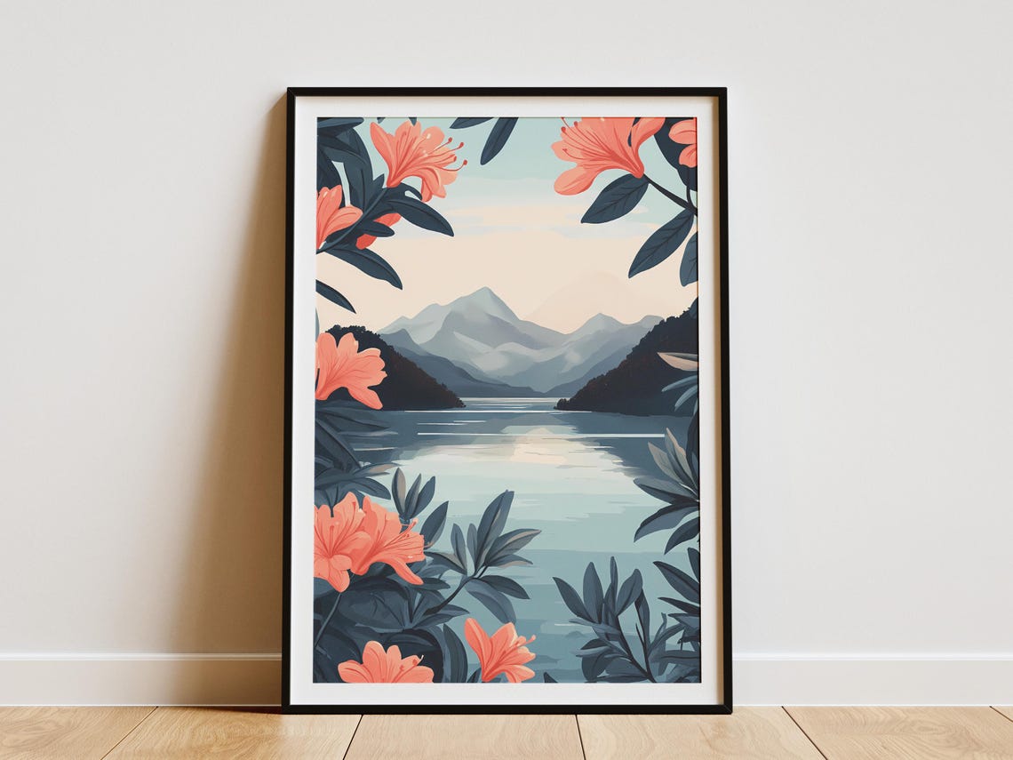 Rhododendron Framed Mountain Lake Botanical Landscape Art Poster