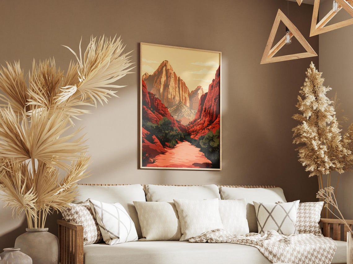 Zion National Park Poster Utah Canyon Landscape Print Red Rock Mountains Art Southwest Desert Nature Illustration Vintage Travel Poster - Image 3