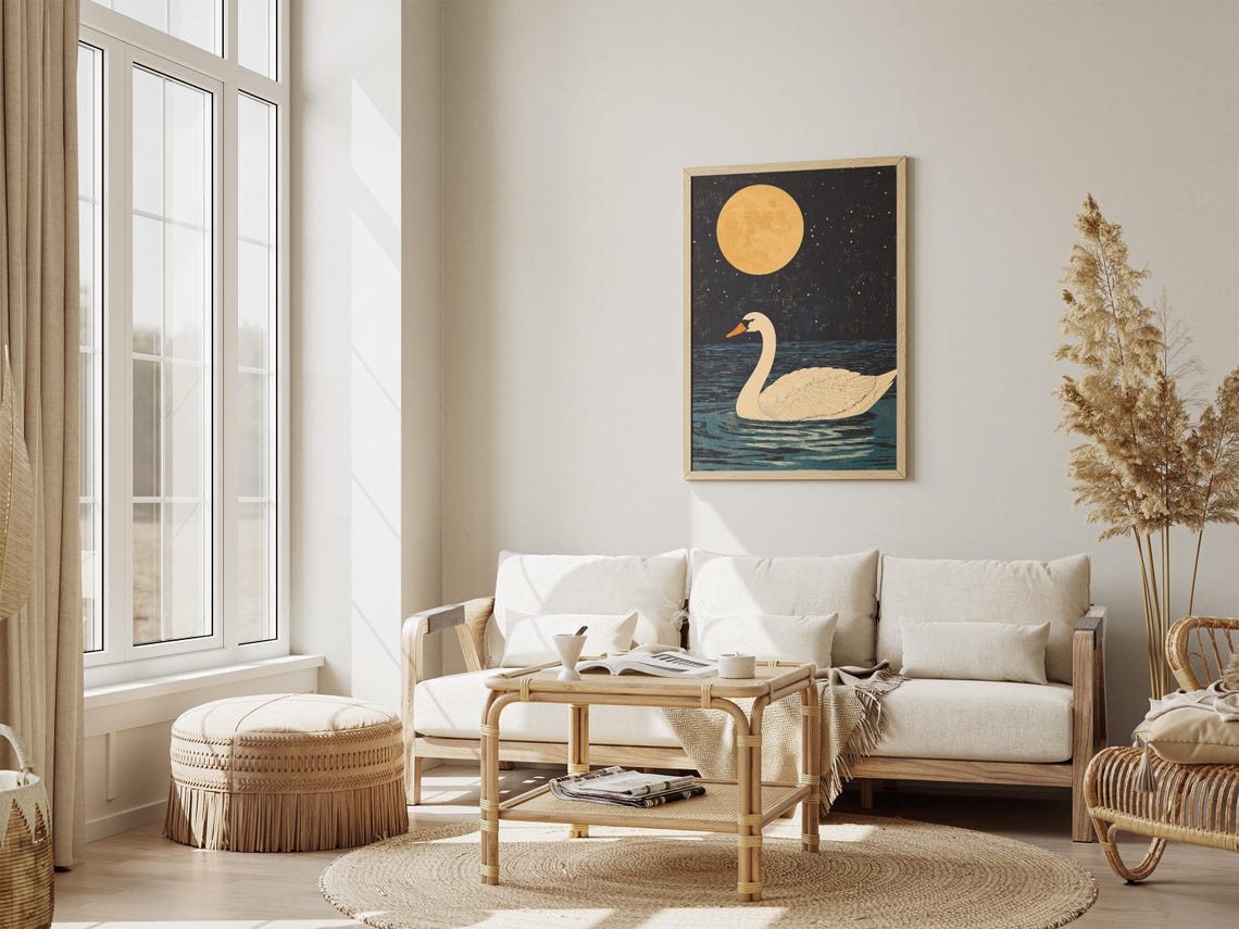 White Swan Swimming Under Golden Full Moon Starry Night Poster - Image 4