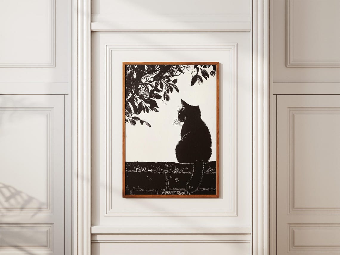 Black Cat Silhouette on Garden Wall Woodcut Style Art Poster - Image 2