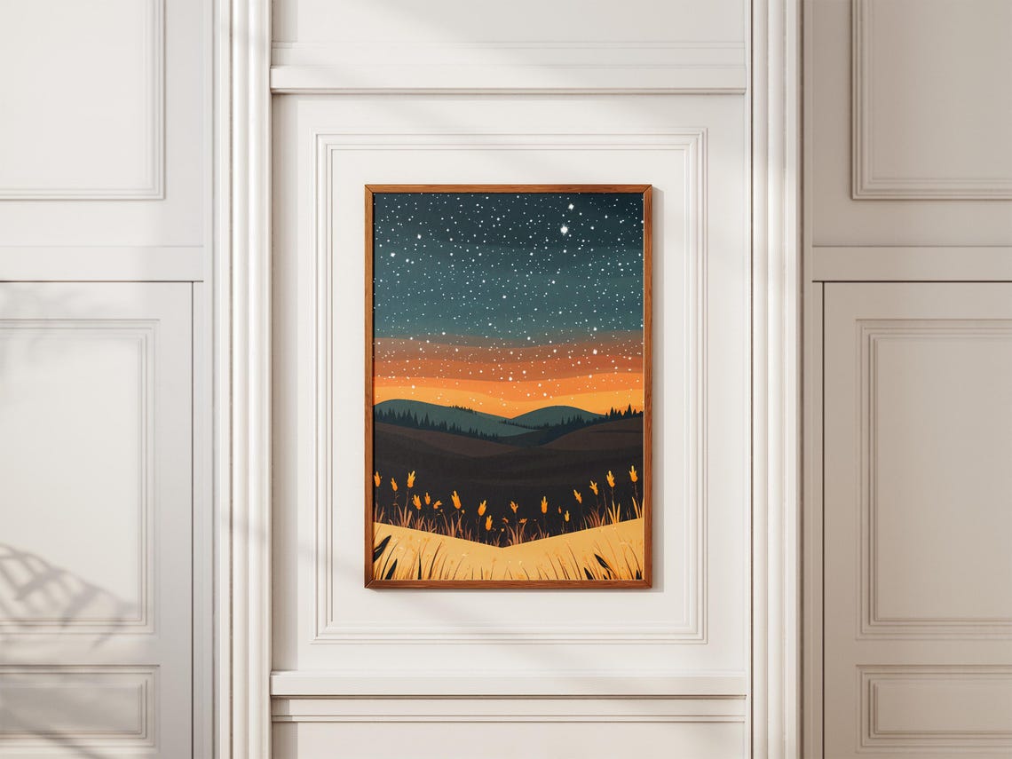 Starry Night Prairie Golden Wildflowers Sunset Horizon Poster - Image 2
