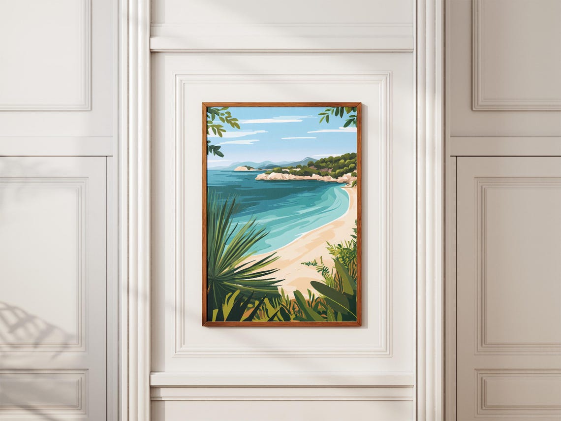 Curved Tropical Beach Bay Turquoise Water Illustration Poster - Image 2