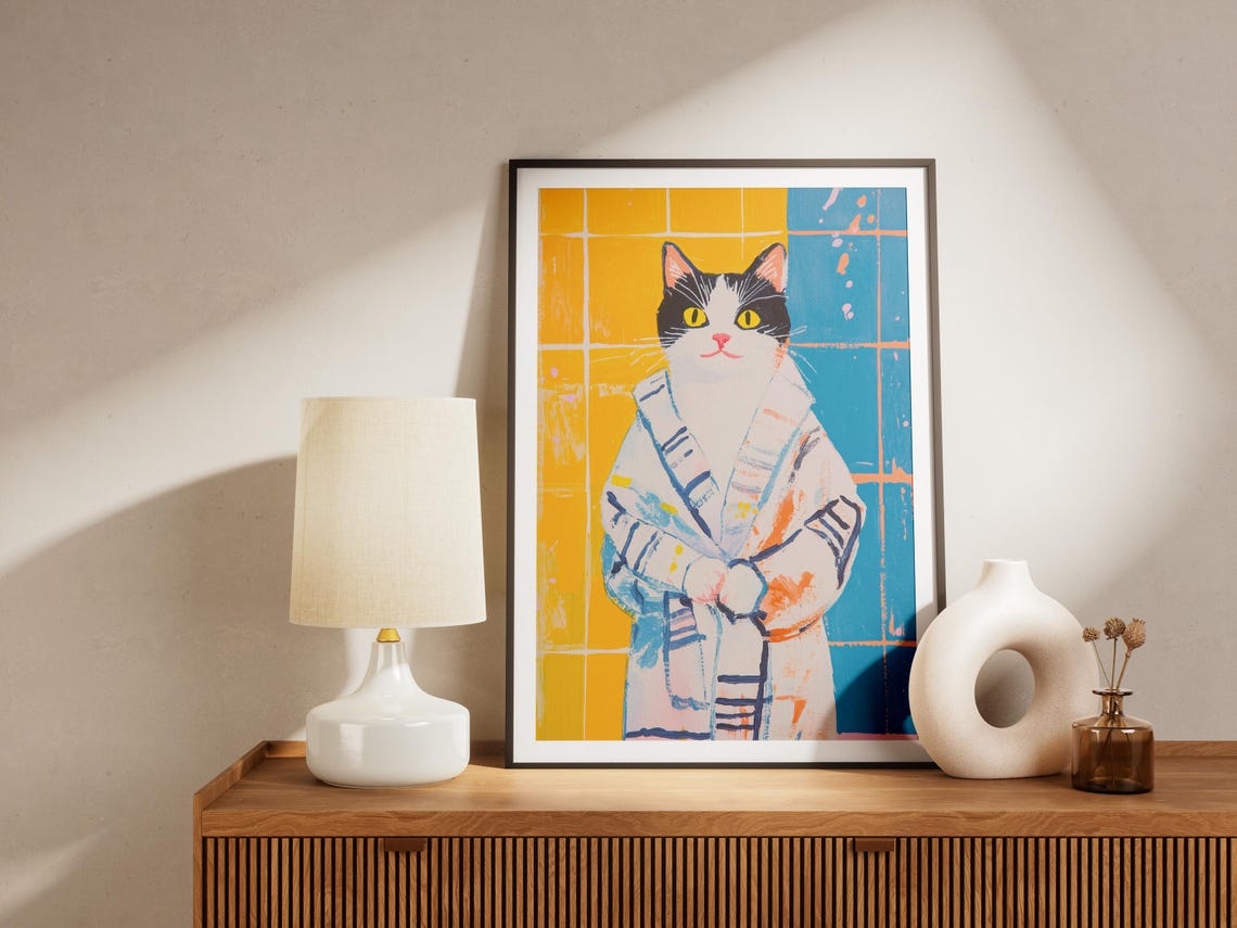 Black And White Cat White Bathrobe Colorful Bathroom Modern Pet Poster - Image 4