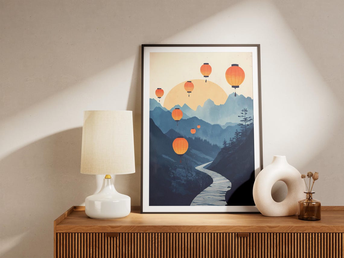 Floating Orange Paper Lanterns Blue Mountain Valley Scene Poster - Image 5