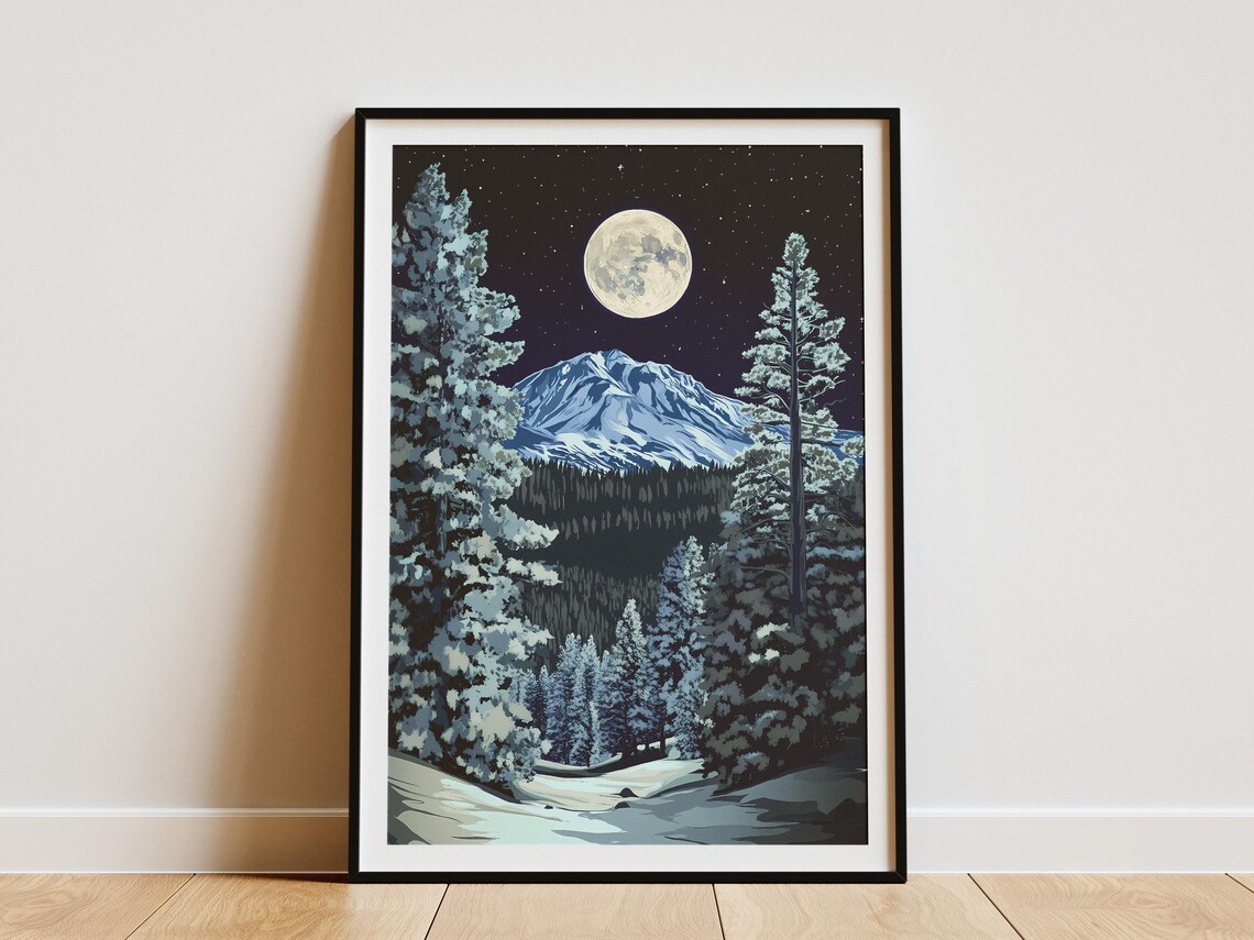 Lassen Volcanic National Park Snowy Volcano Peak Moonlit Night Art Poster