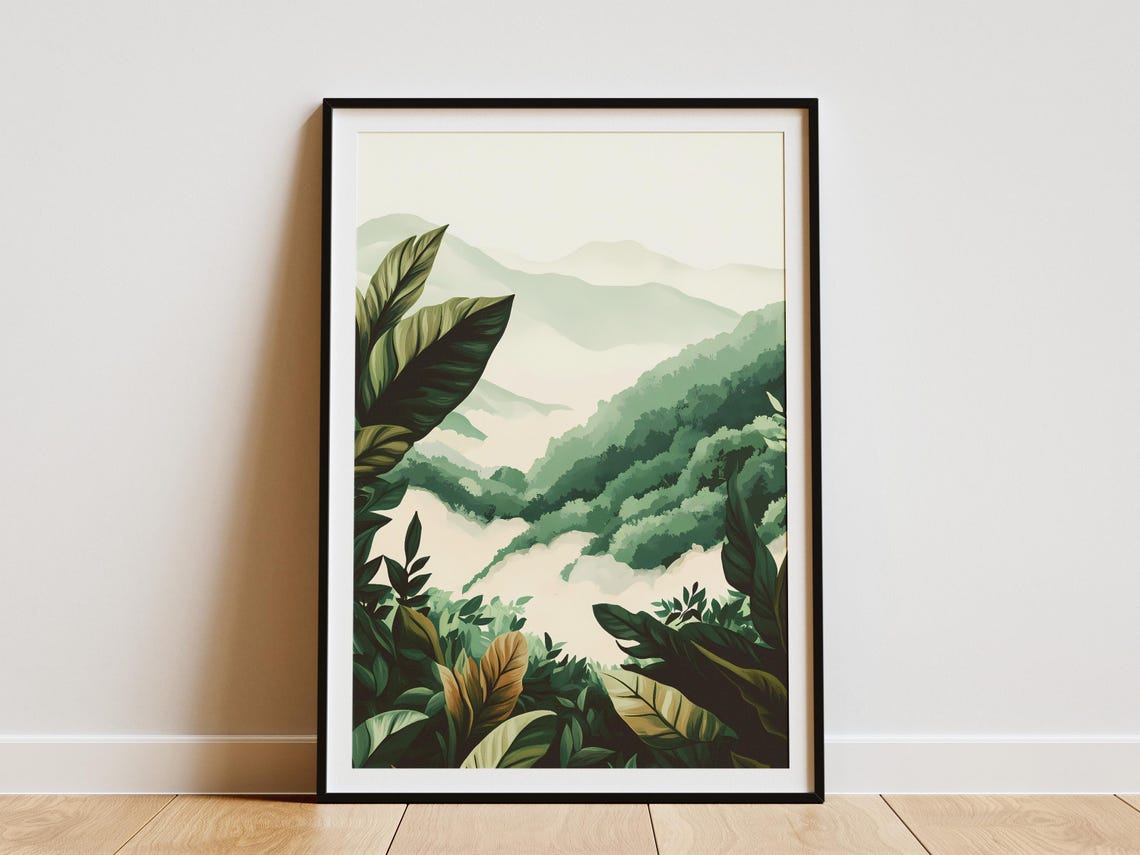 Mist-Shrouded Tea Plantation Hills In Deep Green Botanical Poster