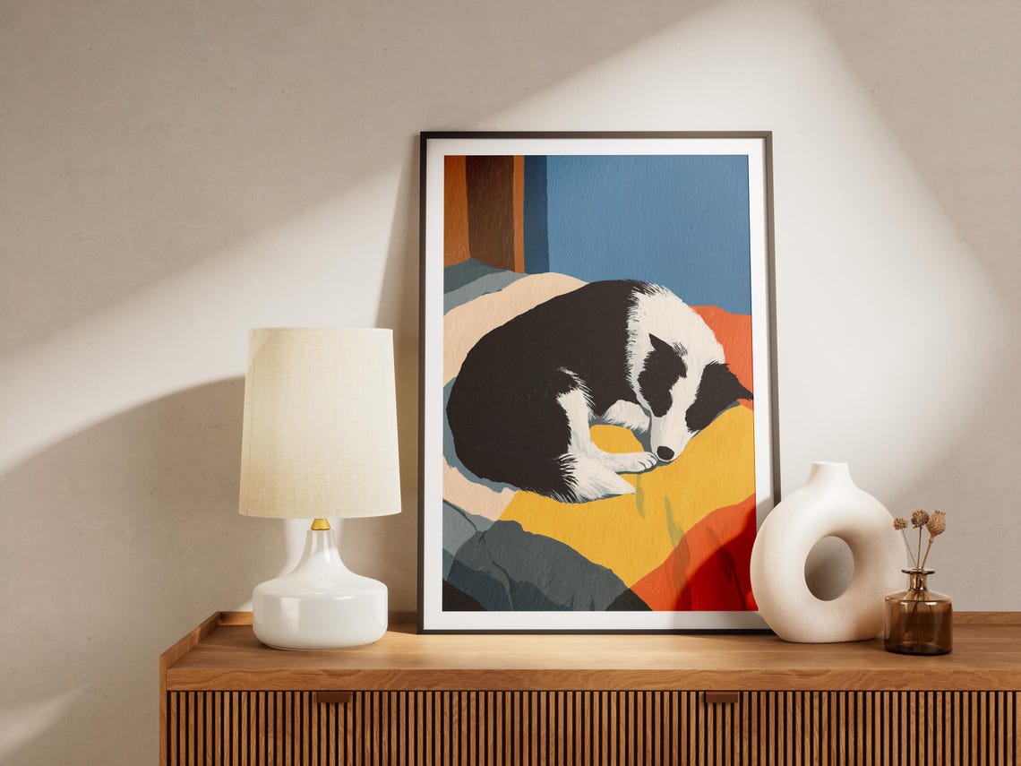 Sleeping Black and White Dog Colorful Blanket Matisse Style Poster - Image 4