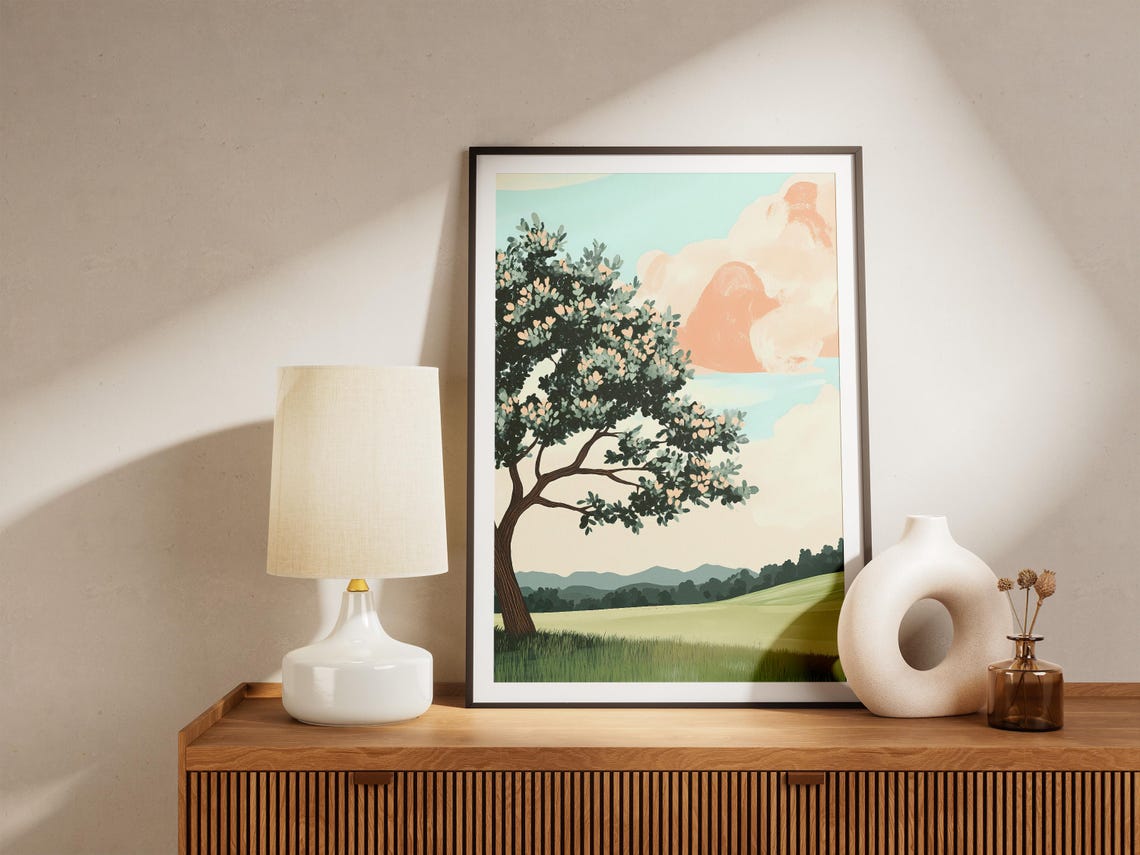 Lone Tree on a Green Hill Under Pink Clouds Minimalist Poster - Image 5