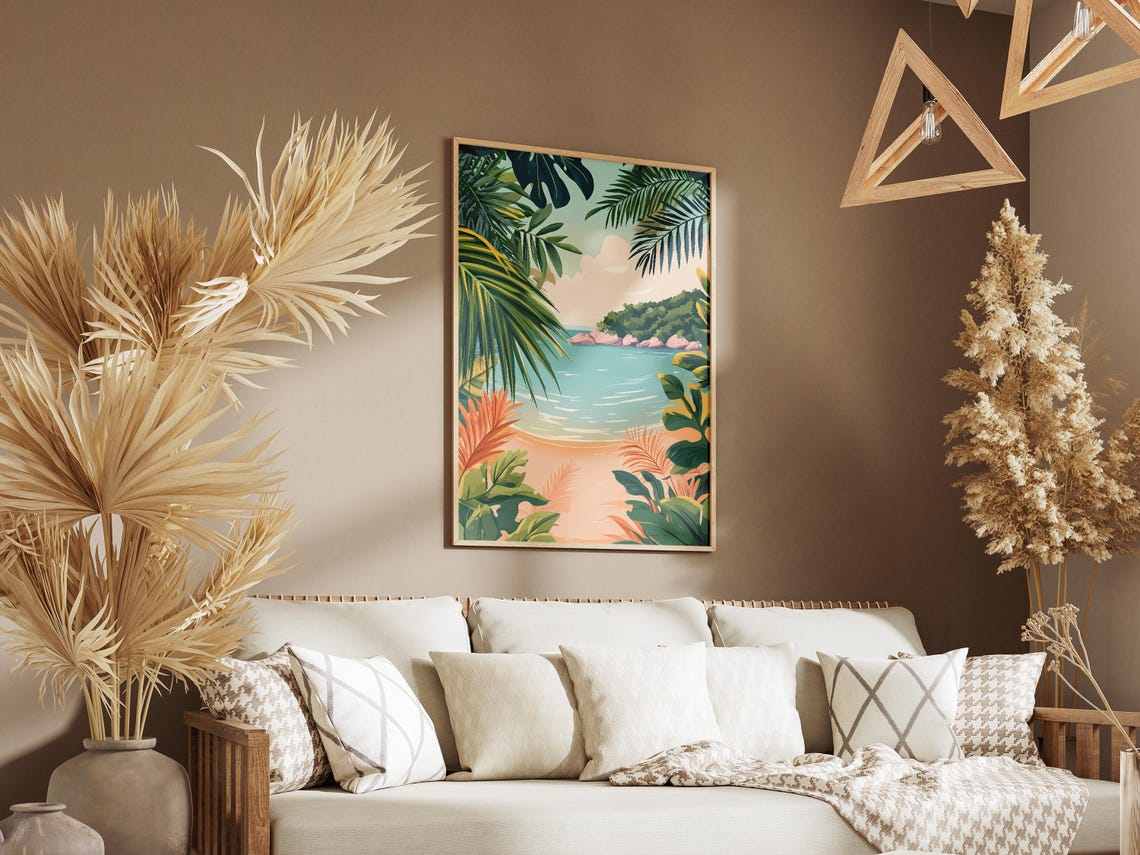 Tropical Beach Cove Framed by Palm Leaves Illustration Poster - Image 3