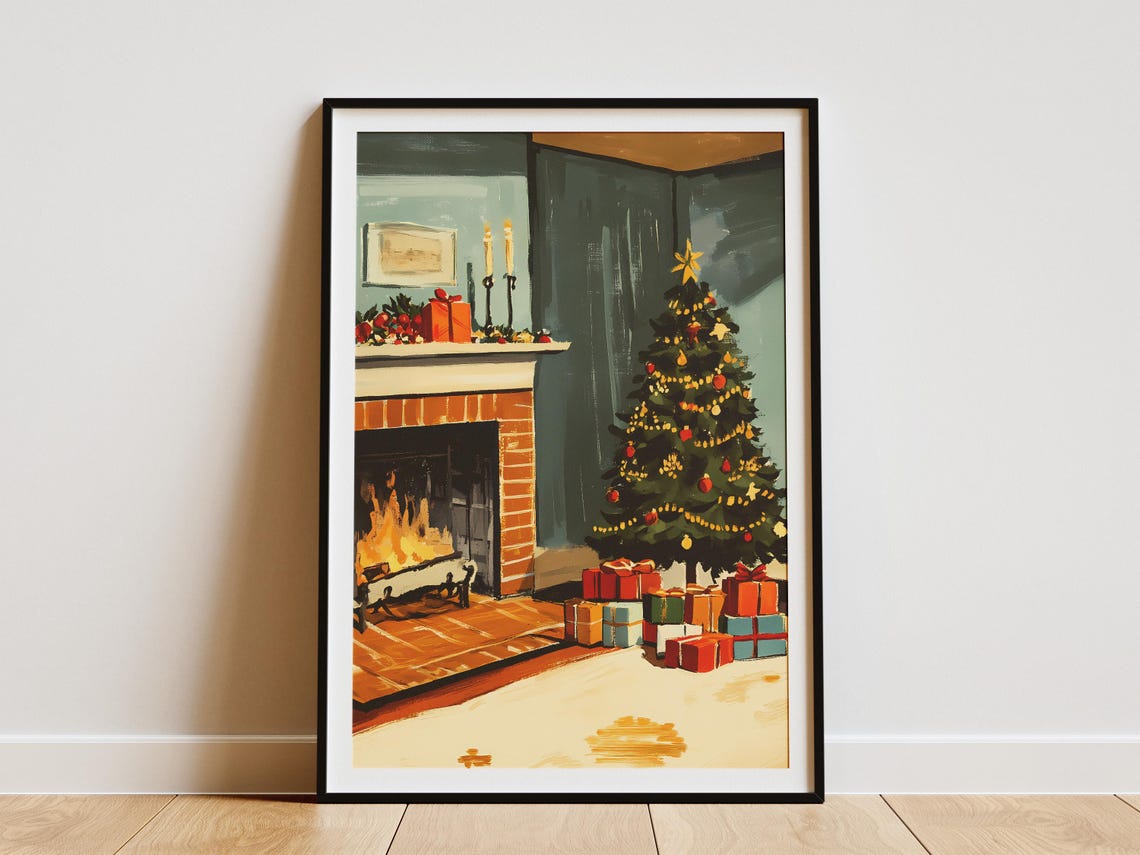 Christmas Tree by Fireplace Vintage Illustration Holiday Poster