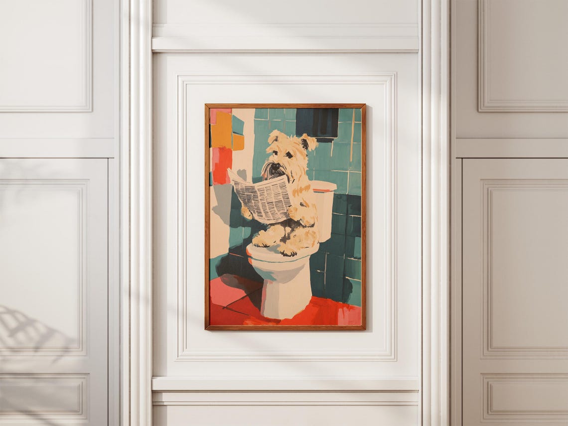 Wheaten Terrier Reading Newspaper on Toilet Teal Tile Poster - Image 2