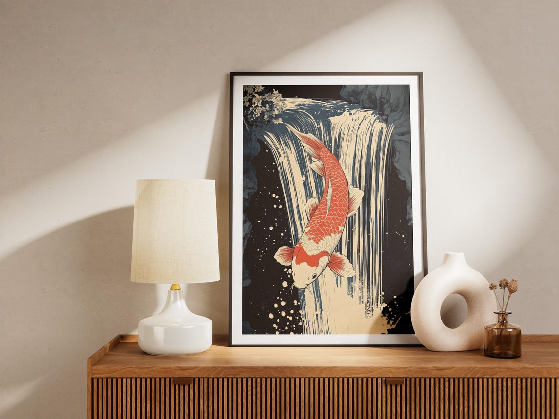 Red and White Koi Fish Leaping Up a Dark Waterfall Art Poster - Image 5