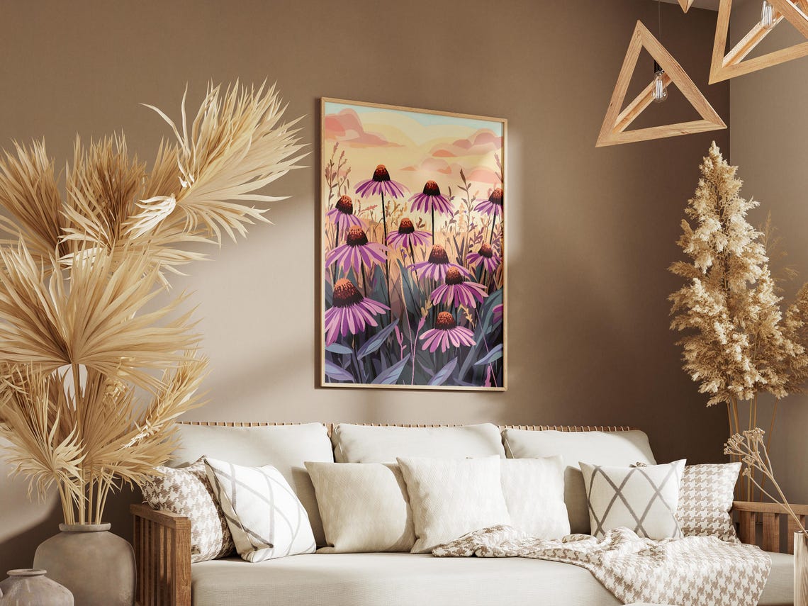 Purple Coneflower Echinacea Sunset Prairie Botanical Art Poster - Image 3