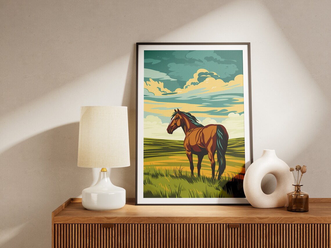 Wild Chestnut Horse Standing in a Golden Meadow at Dusk Poster - Image 2