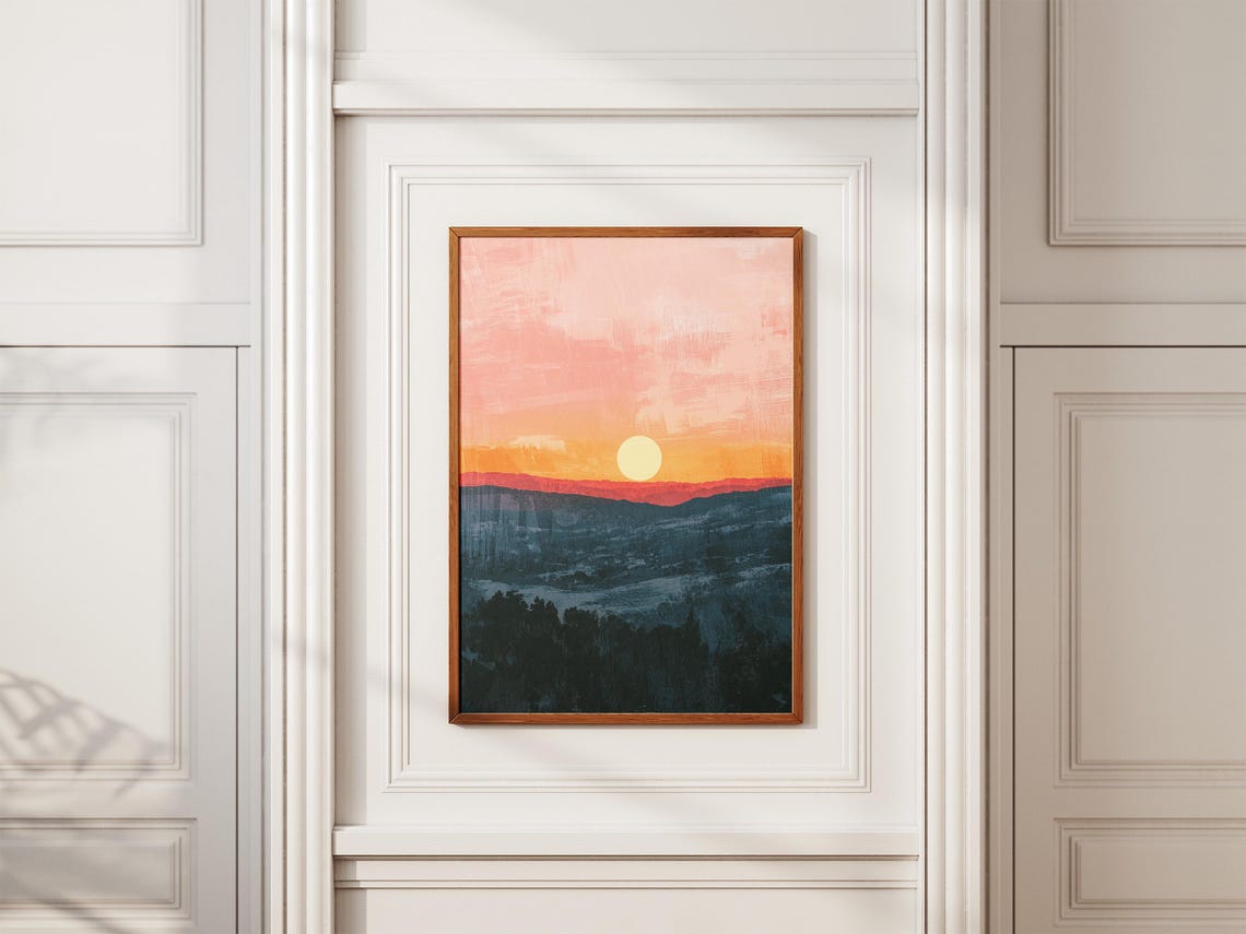 Glowing Sun Setting Over Layered Blue Mountains Evening Poster - Image 2
