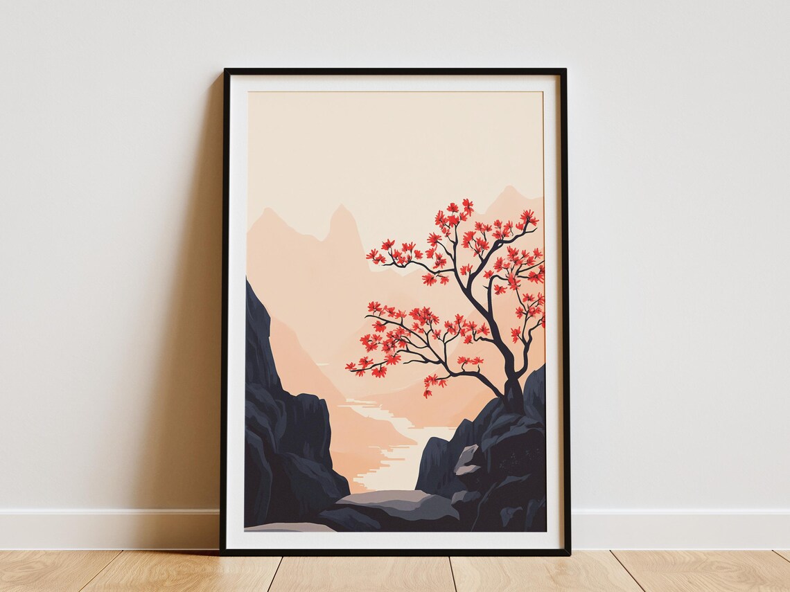 China Danxia Poster Red Tree Mountain Landscape Vintage Travel