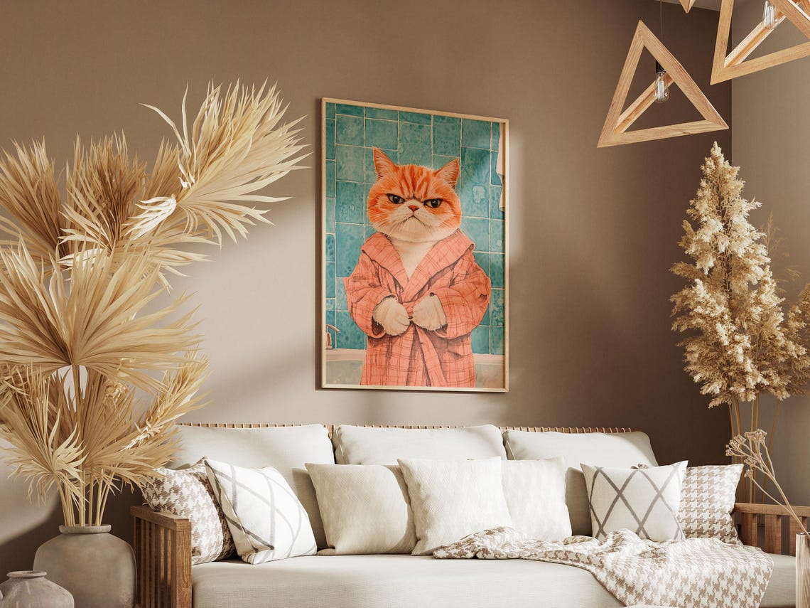 Grumpy Orange Cat In Pink Bathrobe Funny Bathroom Art Poster - Image 3