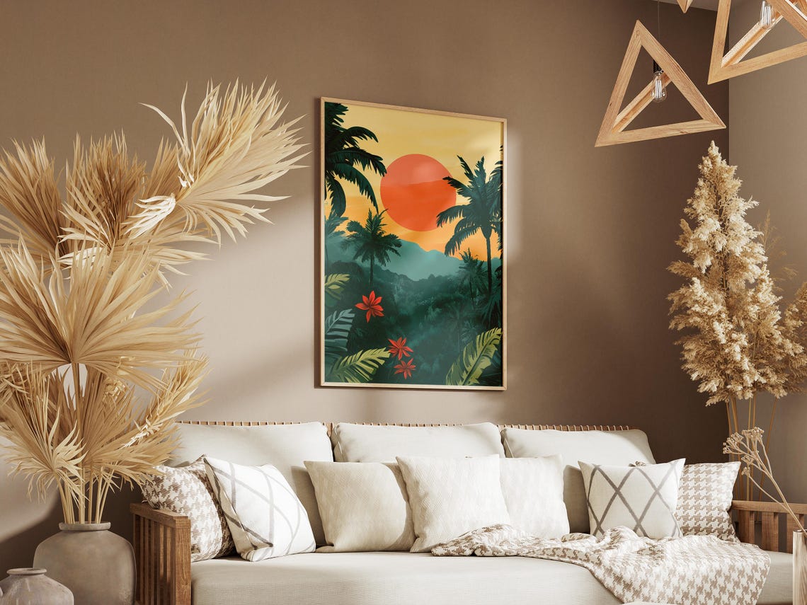Amazon Rainforest Sunset Giant Sun Palms and Red Flowers Jungle Poster - Image 3
