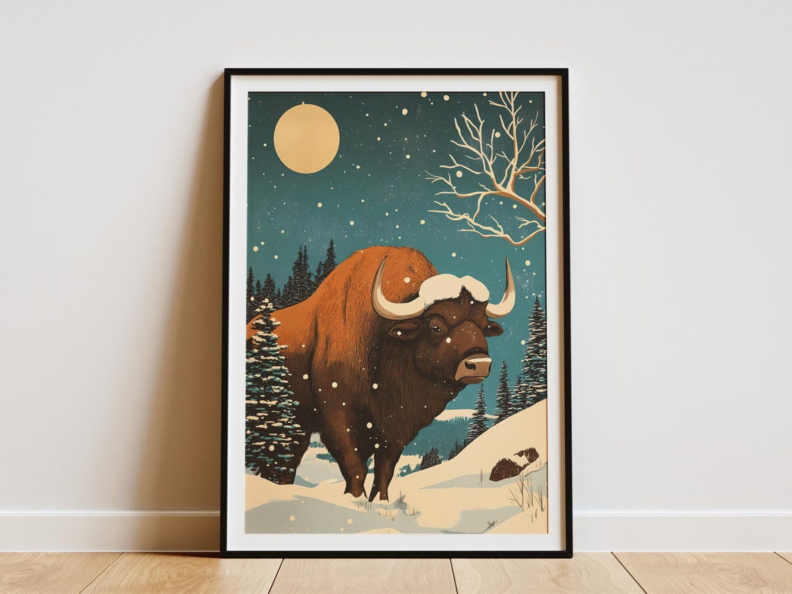 Christmas Buffalo in Snowy Moonlit Forest Winter Holiday Poster