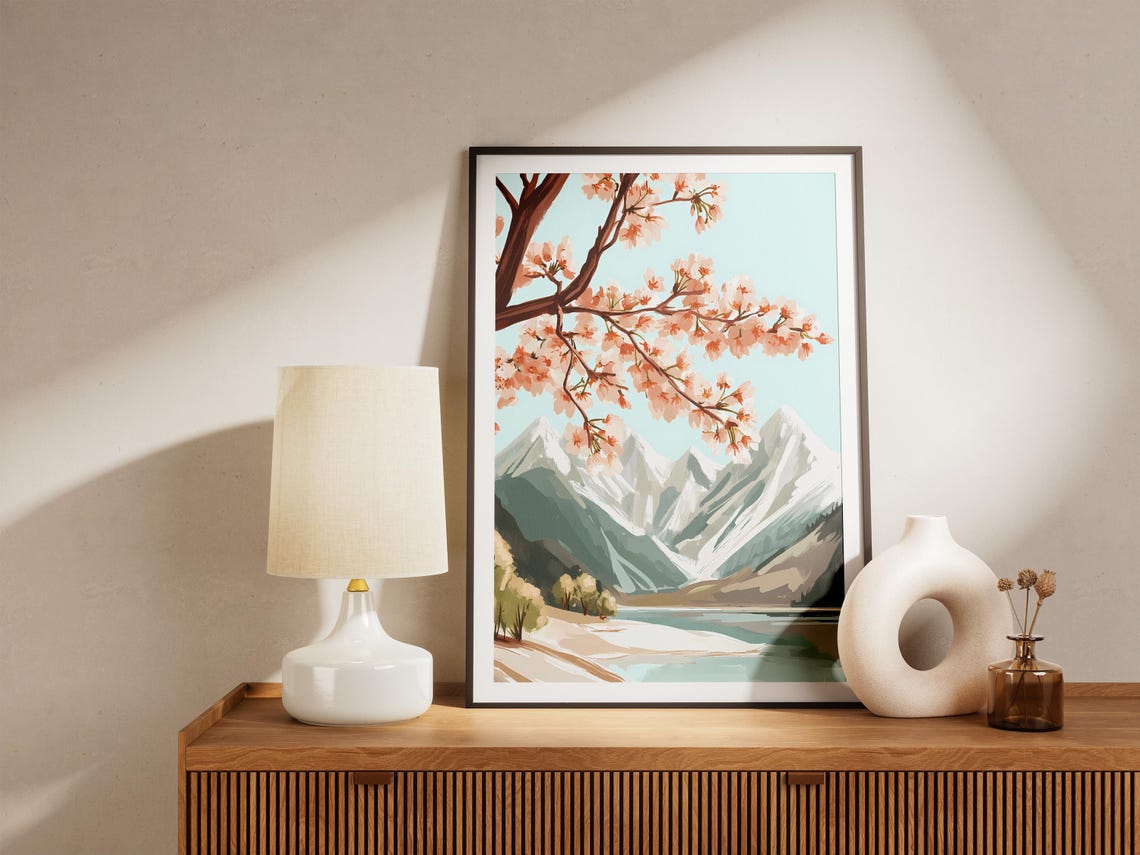 Cherry Blossom Branch Over Snowy Mountain Lake Spring Art Poster - Image 5
