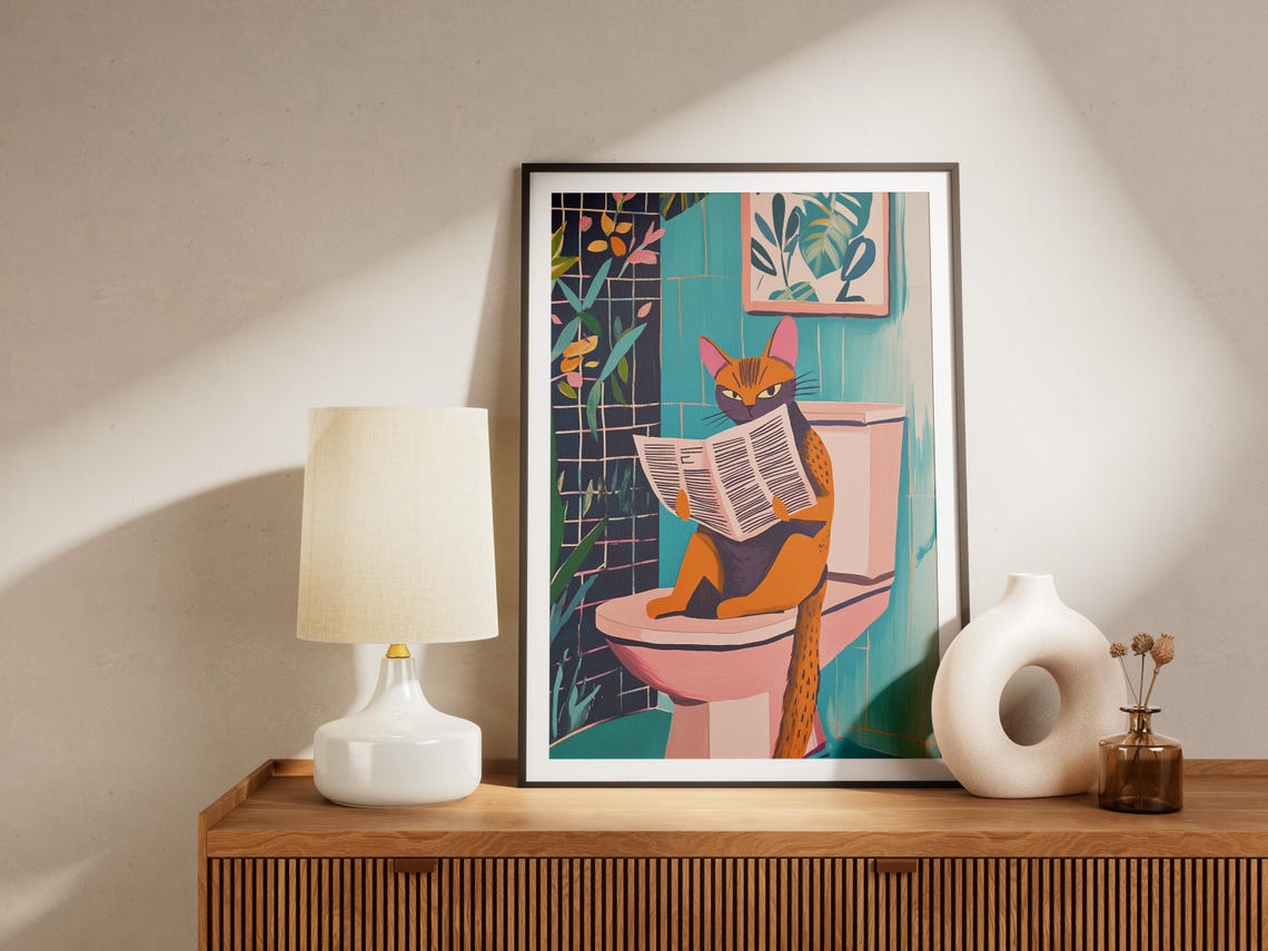 Cat on a Toilet Reading a Newspaper Funny Bathroom Wall Poster - Image 4