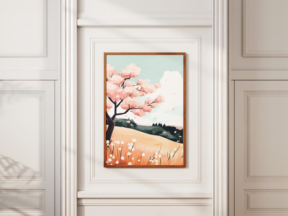 Pink Cherry Blossom Tree on a Golden Spring Hillside Bloom Poster - Image 2
