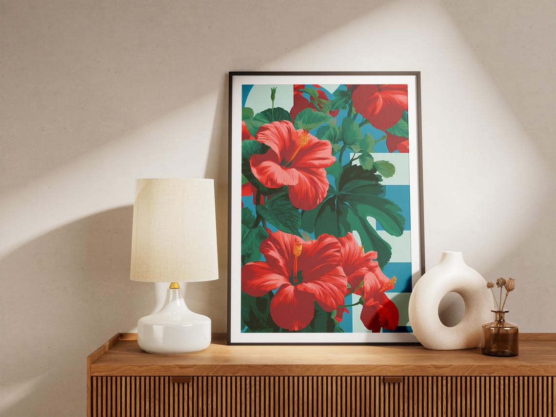 Red Hibiscus Tropical Flower Pop Art Bold Striped Botanical Poster - Image 4