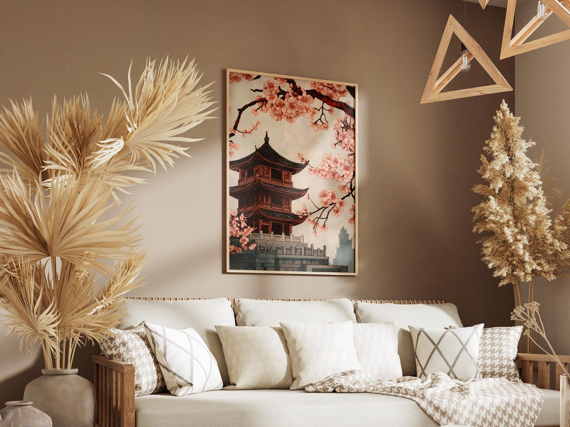 Red Pagoda Temple Cherry Blossom Branches Japanese Art Poster - Image 3