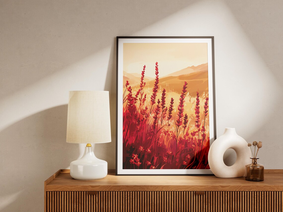 Scarlet Salvia Field Sunrise Red Meadow Golden Light Art Poster - Image 5