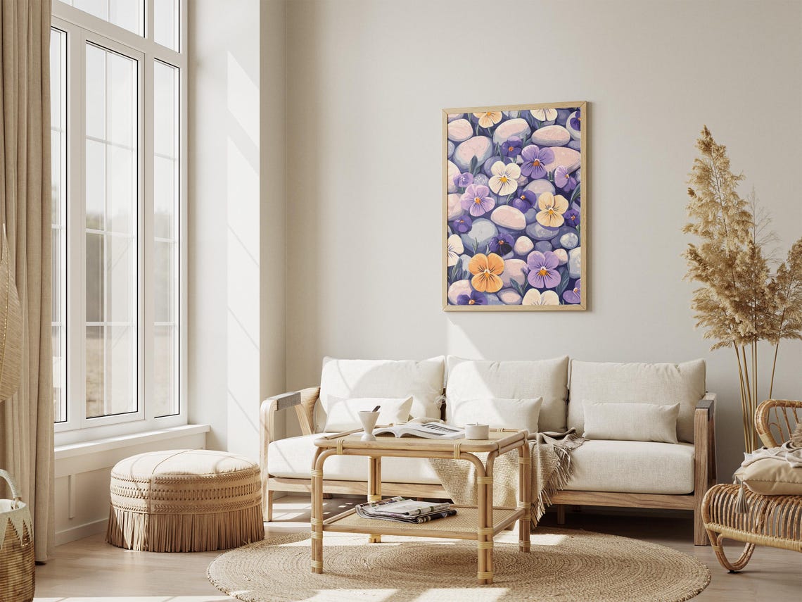 Pansy Flowers Among Pebbles Purple White Yellow Bloom Poster - Image 4