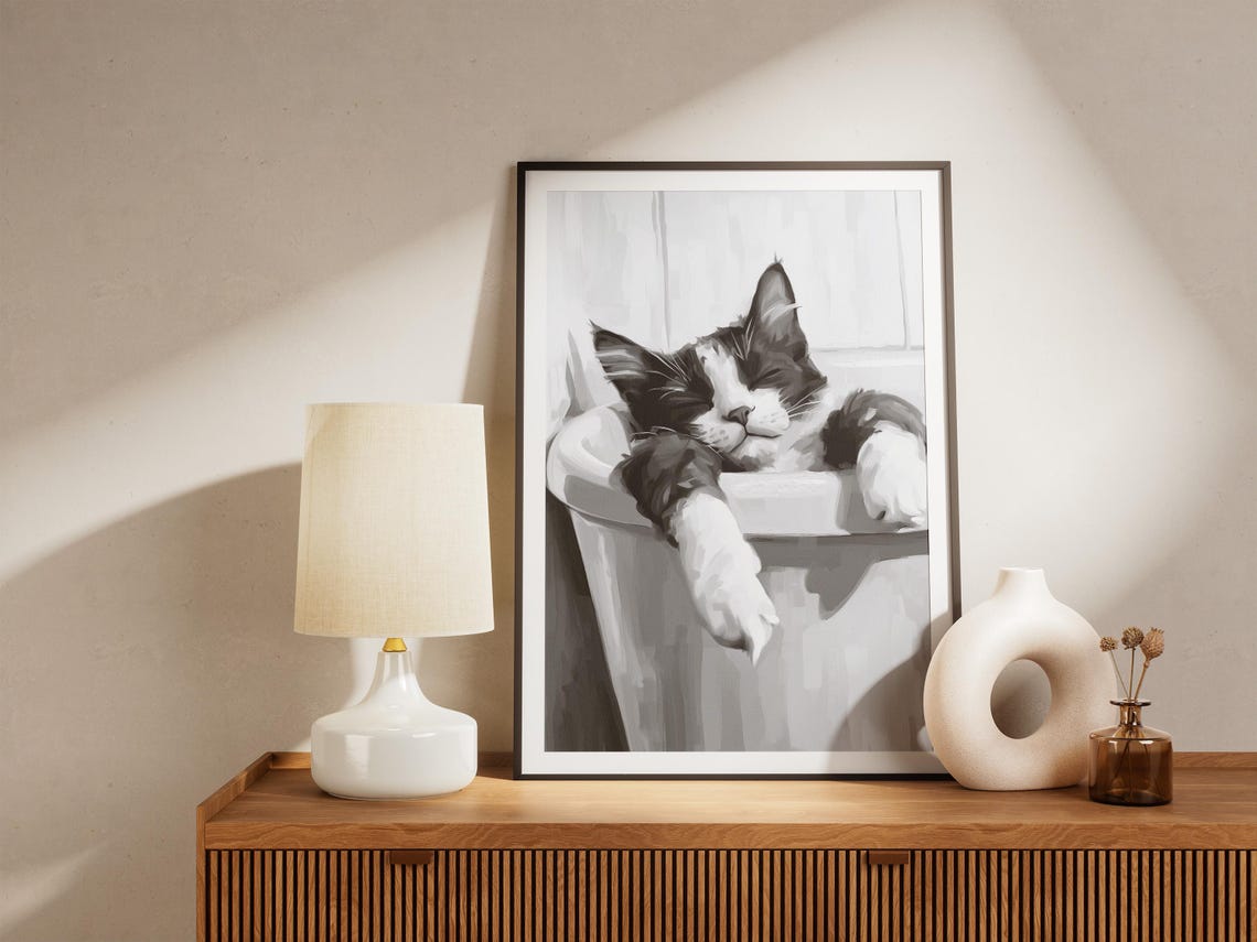 Sleeping Cat In Bathtub Black White Minimalist Cat Art Poster - Image 4