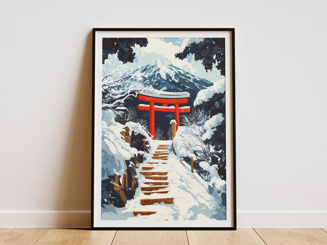 Snow Covered Shrine Steps Red Torii Gate Winter Japan Poster