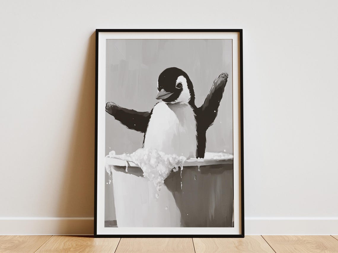 Penguin In Bathtub Poster Bubble Bath Funny Animal Bathroom Decor