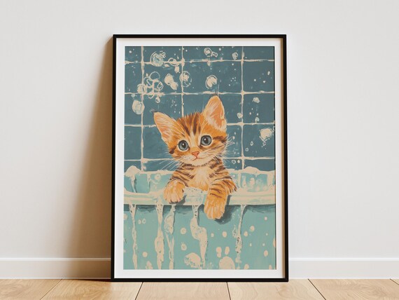 Orange Striped Kitten In Bubble Bath Poster Cute Cat Art For Bathroom