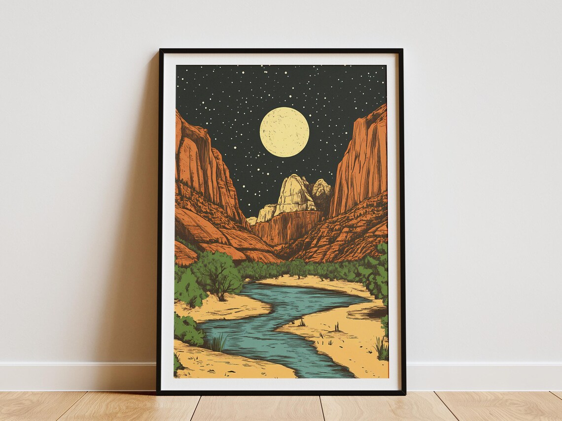 Zion National Park Utah Moonlit Canyon River Starry Night Vintage Art Poster
