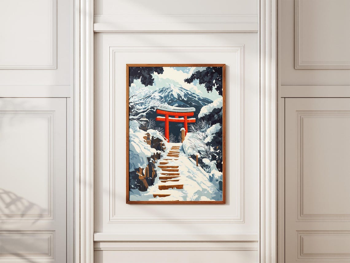 Snow Covered Shrine Steps Red Torii Gate Winter Japan Poster - Image 2
