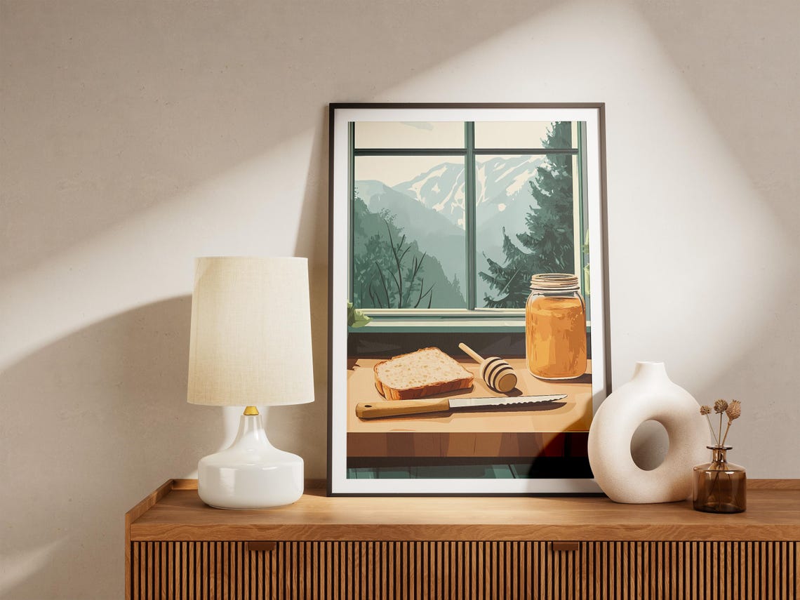 Honey Jar Dipper Bread Mountain Window Cottage Still Life Poster - Image 5