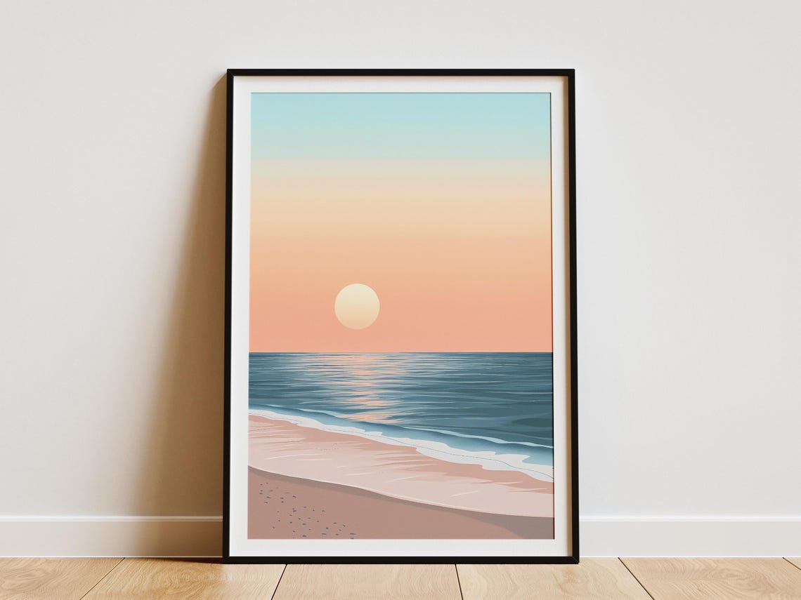 Pastel Peach Sunset Over a Calm Blue Ocean Beach Shoreline Poster